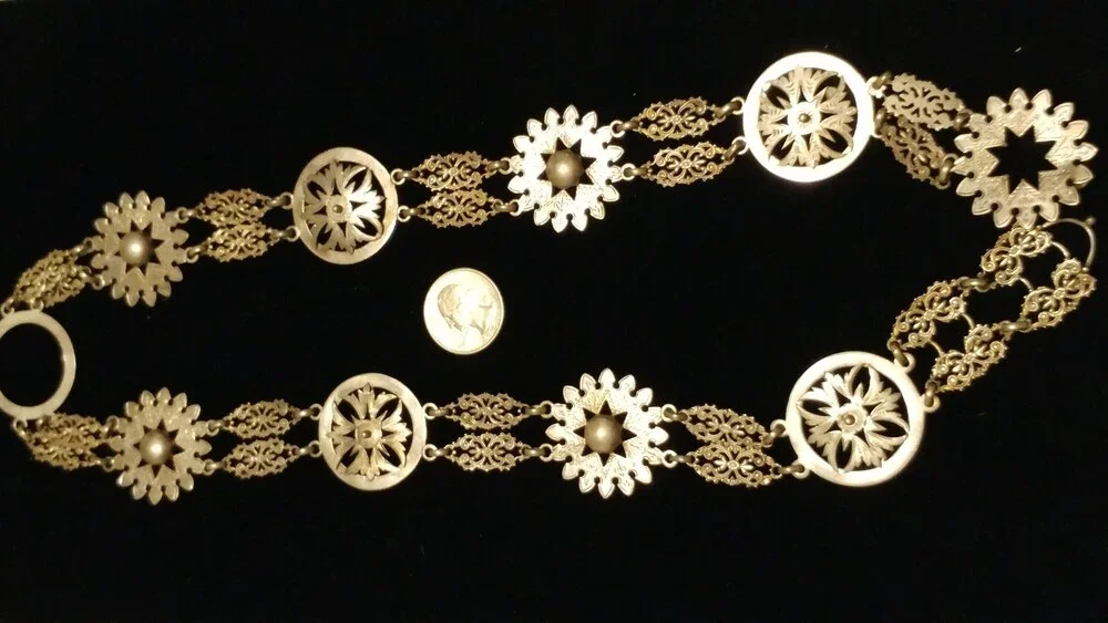 Victorian English Sterling Engraved Chain Belt Necklace Regal Fleur-de-lis Cross